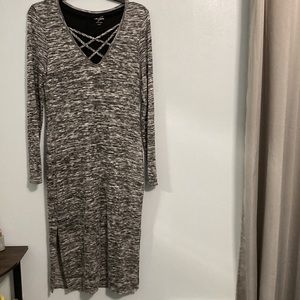 alya Size Small Long sleeved Sweater Dress. Gray / Black Slit on Both Sides.